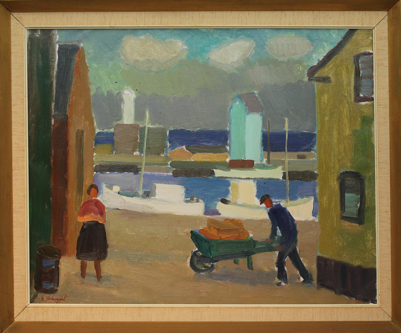 SIGVARD HOLMQVIST. Mot kväll, hamnen Simrishamn. Olja på duk. Signerad S Holmqvist.