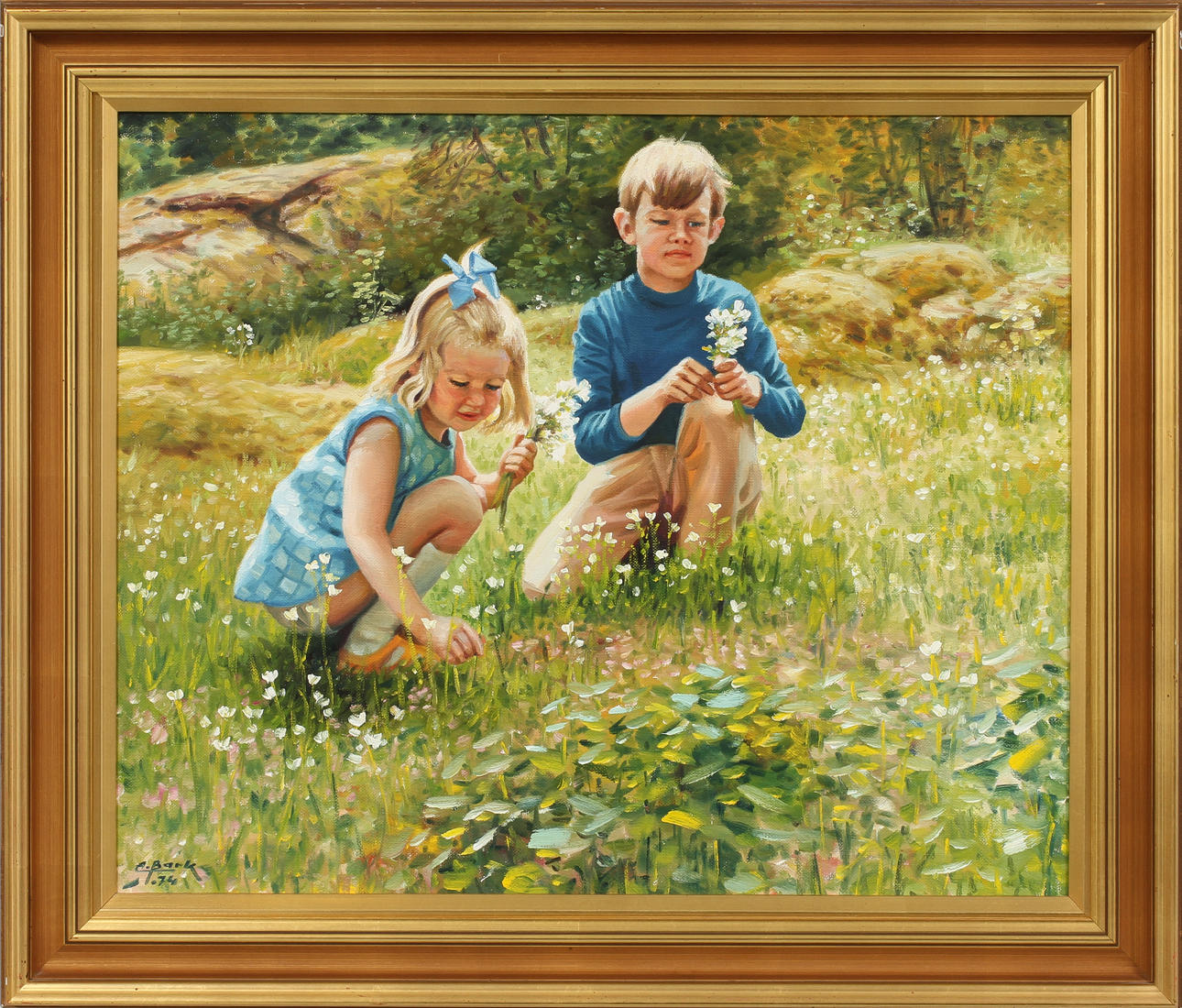 ARNE BARK. Barn som plockar blommor, olja på duk, signerad-74.