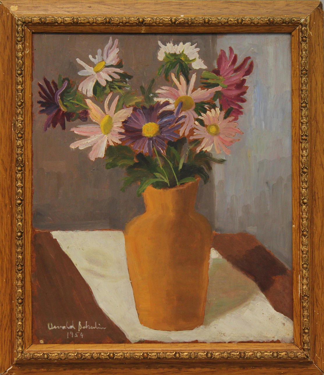 OSVALD SCHALIN. Stilleben. Olja på pannå. Signerad och daterad 1954.