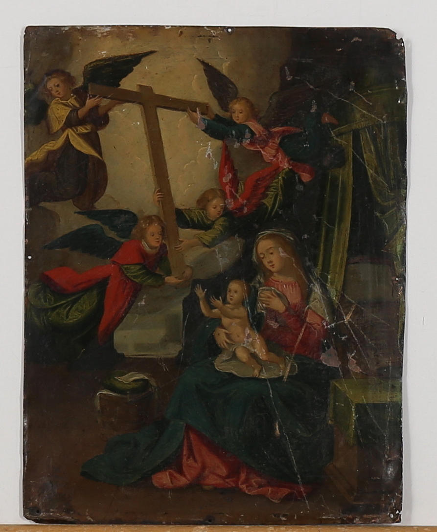 OKÄND KONSTNÄR. Allegorisk motiv, olja på kopparplåt, 1800 tal eller möjligen tidigare.