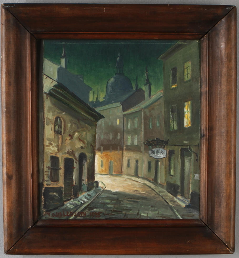 RAGNAR HALLQUISTH. Baggensgatan, olja på pannå, signerad samt daterad 1935.