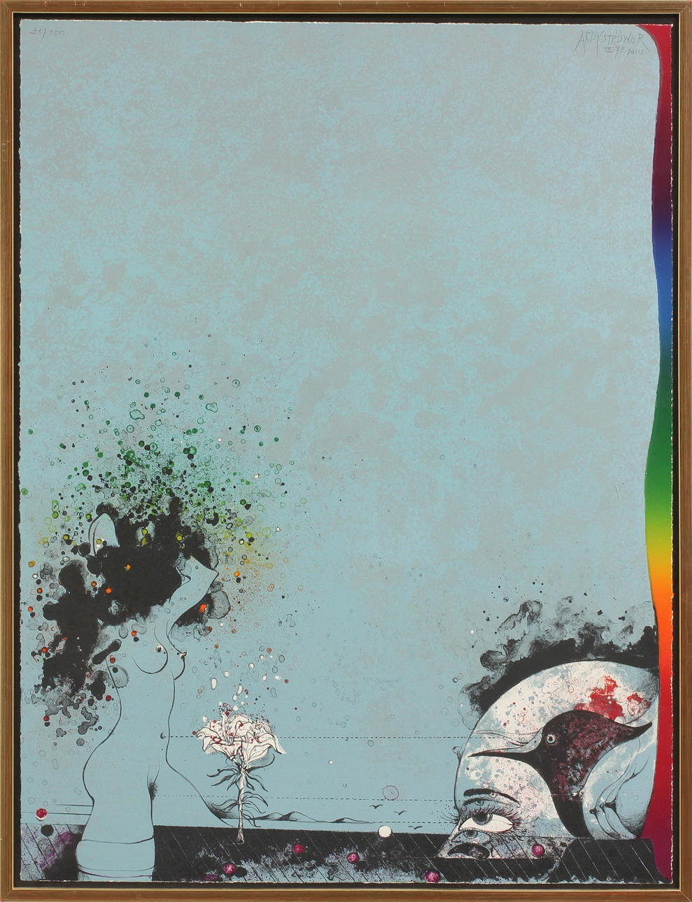 ARDY STRÜWER. Surrealistisk komposition, färglitografi, signerad och numrerad 31/100.