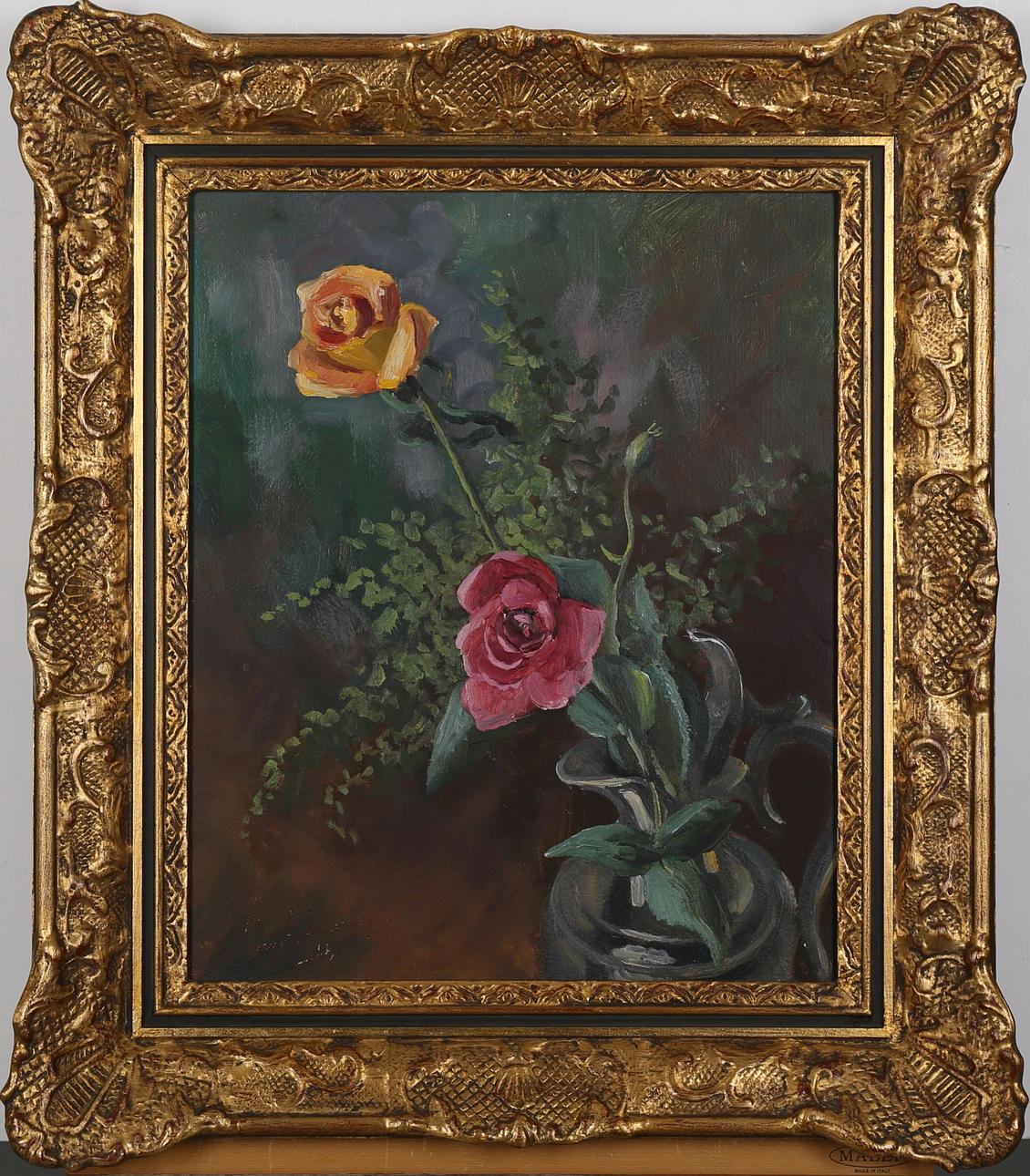 OIDENTIFIERAD KONSTNÄR. Stilleben med rosor, olja på pannå, otydlig signatur samt daterad -45.
