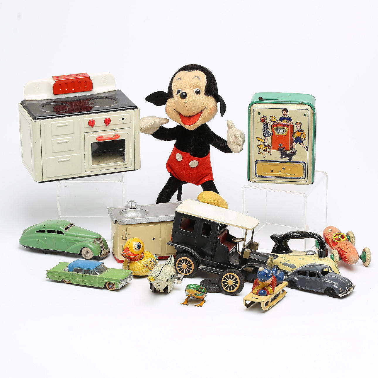 TOYS various tin, clockwork and plastic, Mickey Mouse doll.