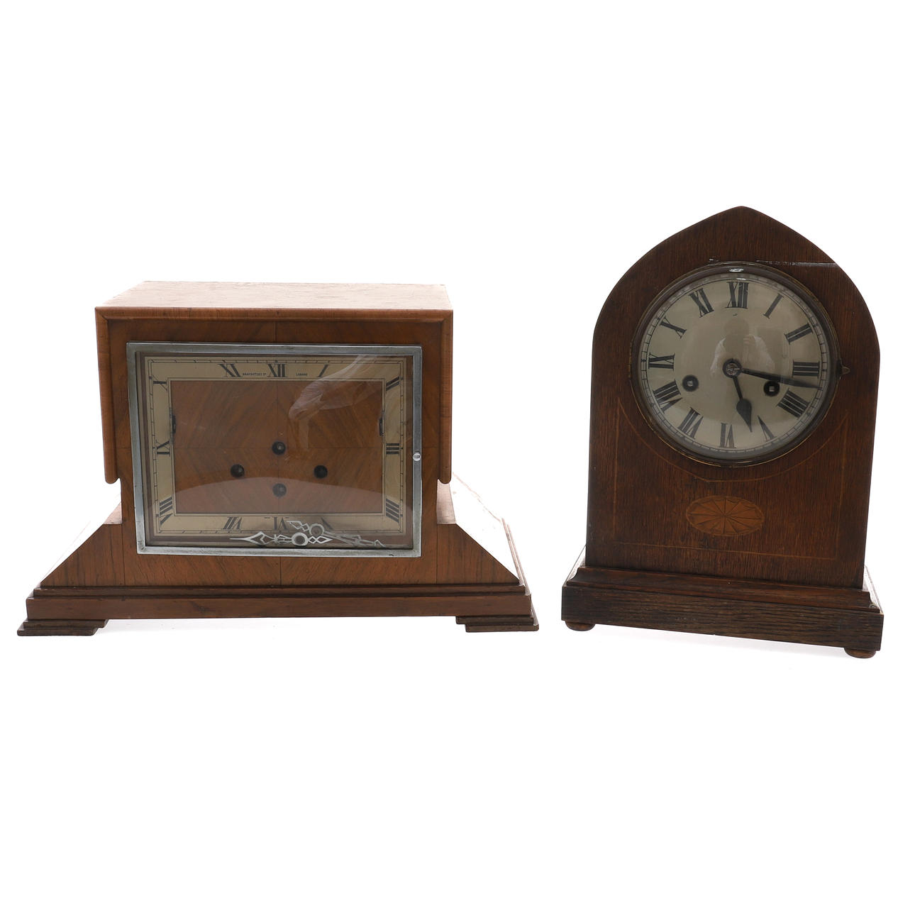 AN ART DECO WALNUT CASED MANTEL CLOCK, BRAVINGTONS LTD.