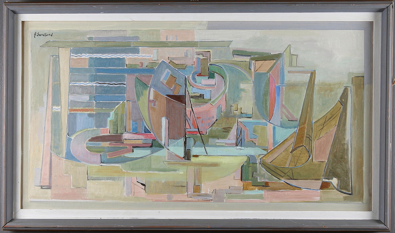 ARNE SANDLUND. Olja på duk, abstrakt komposition. Signerad.