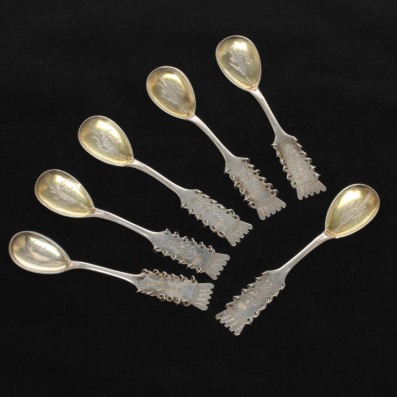 KAFFESKEDAR, 6 st, silver, s k "sameskedar", C.O.Persson, Kiruna, 1900-tal.