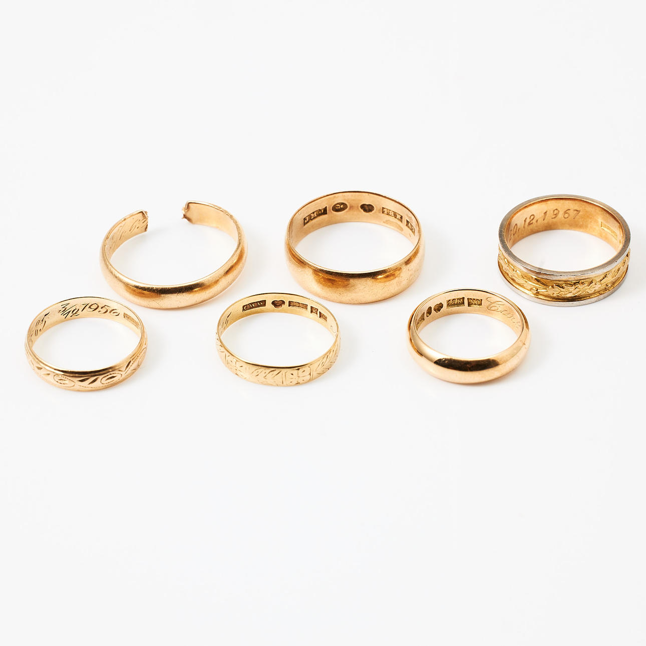 WEDDING RINGS, 5 pcs., ENGINEER'S RING, 18k gold.