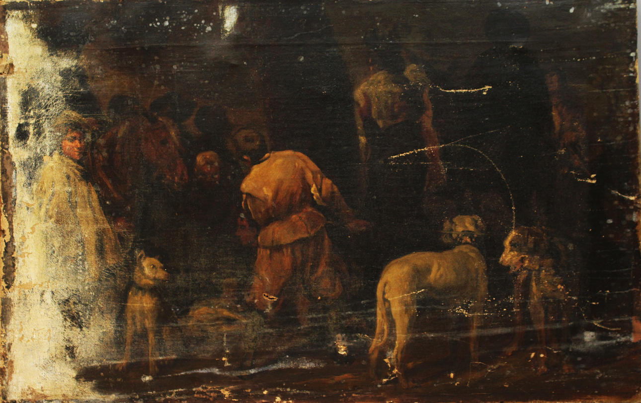 Folksamling med hundar. Olja på duk. 1800-tal. Osignerad.