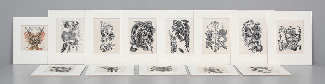 T.MUNI. träsnitt, 13 st, orientaliska, drakmotiv, 1900-tal.