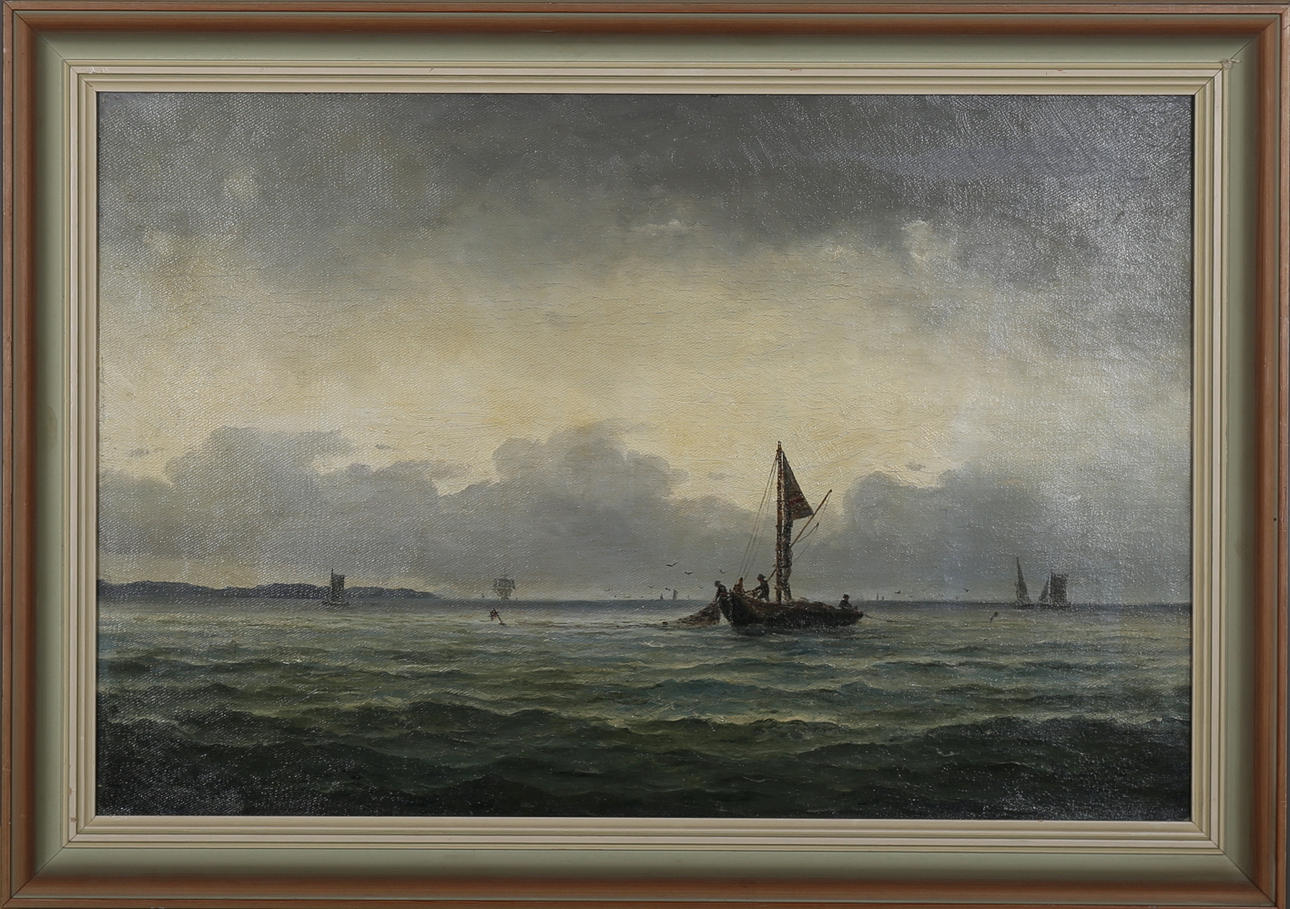 OIDENTIFIERAD KONSTNÄR. Kustlandskap med fiskebåt, olja på duk otydlig signatur och daterad -75 (1875).