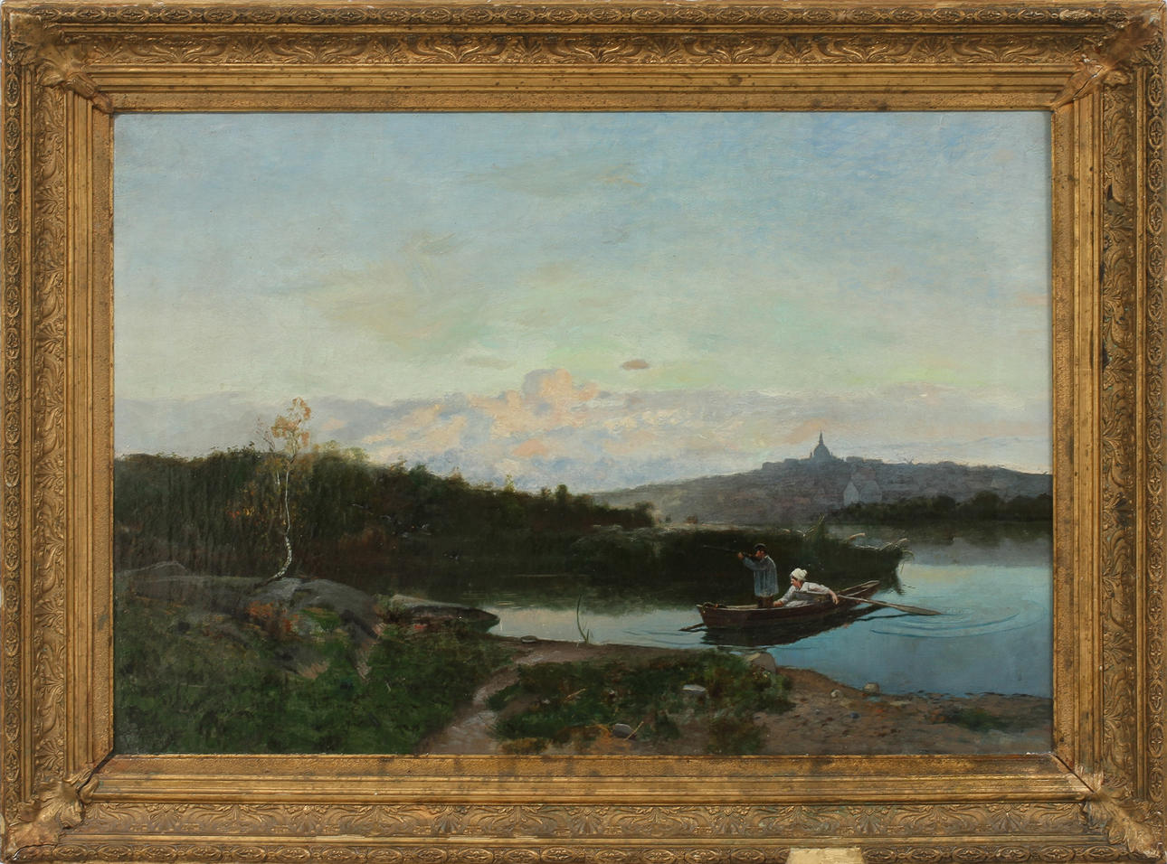 HJALMAR SANDBERG. Jakt vid Hammarby sjö, utsikt mot Södelmalm, olja på duk, signerad och daterad 1879.