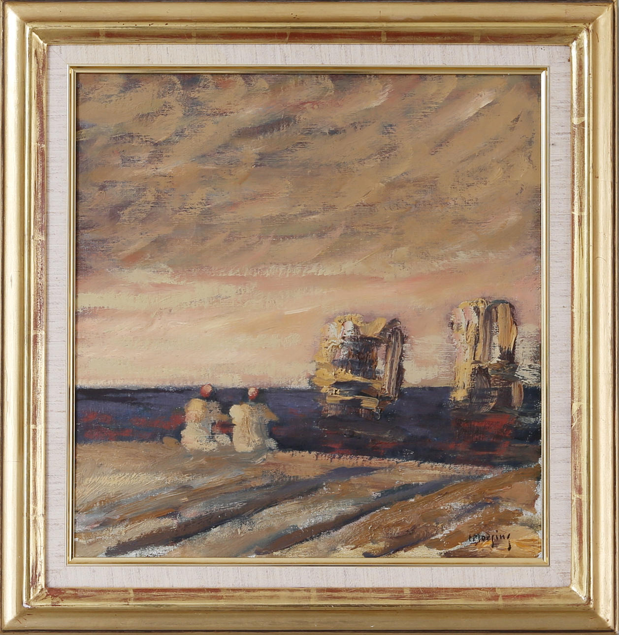 IVAR MORSING. "Gubbar fiskande i hamnen", Olja på pannå, Signerad.