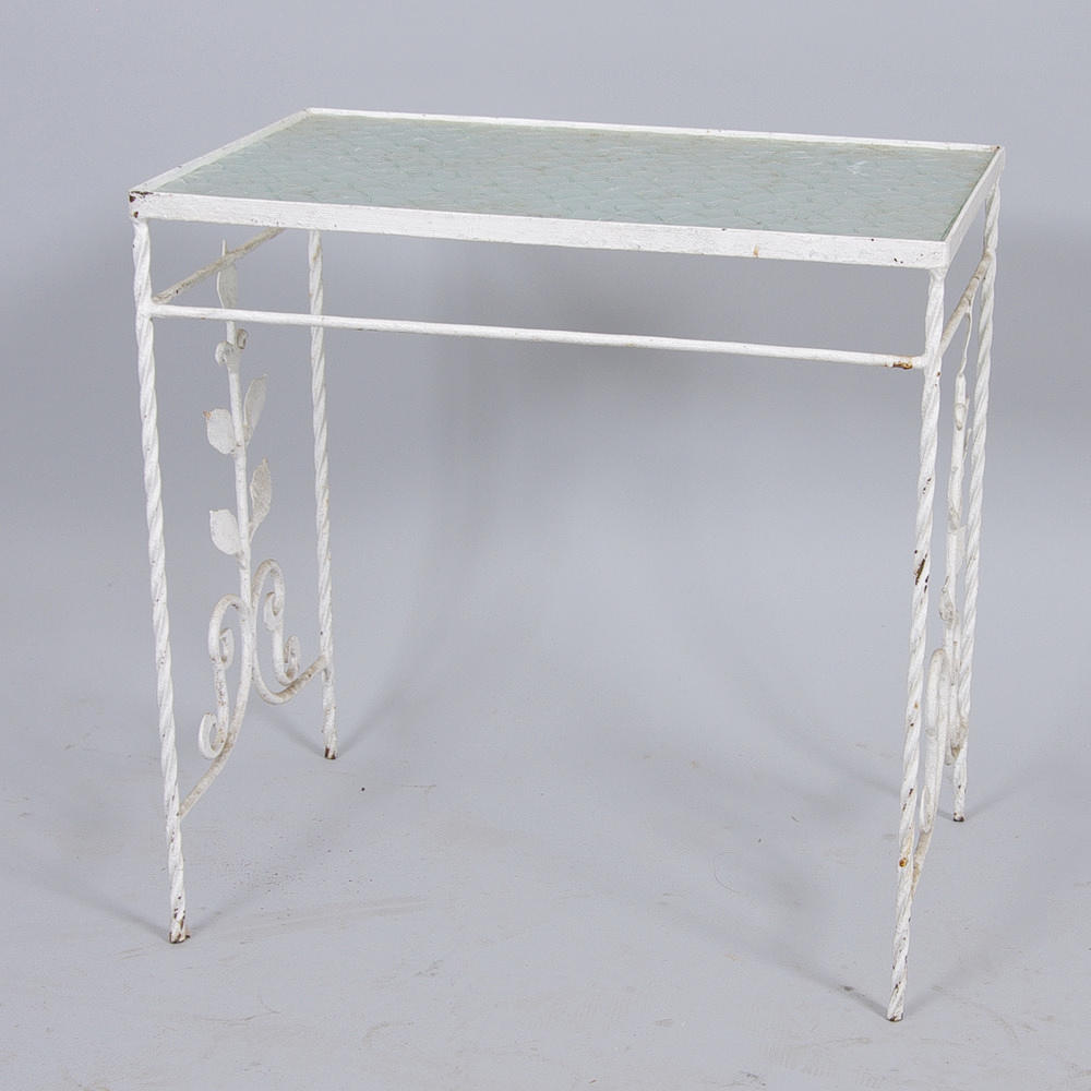 BLOMSTERBORD, vitmålad metall med glasskiva, 1900-talets mitt.