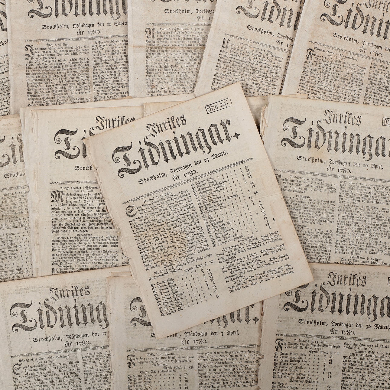 INRIKES AVISER, dagblade, 22 stk., 1780.