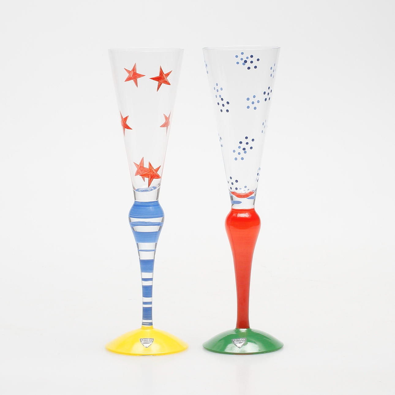 CHAMPAGNEGLAS, 2 st, "Clown", Anne Nilsson, Orrefors, signerade.