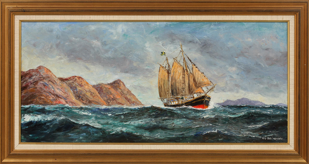 KURT ERIK HEINONEN. Kustbild med segelfartyg, olja på duk, signerad.