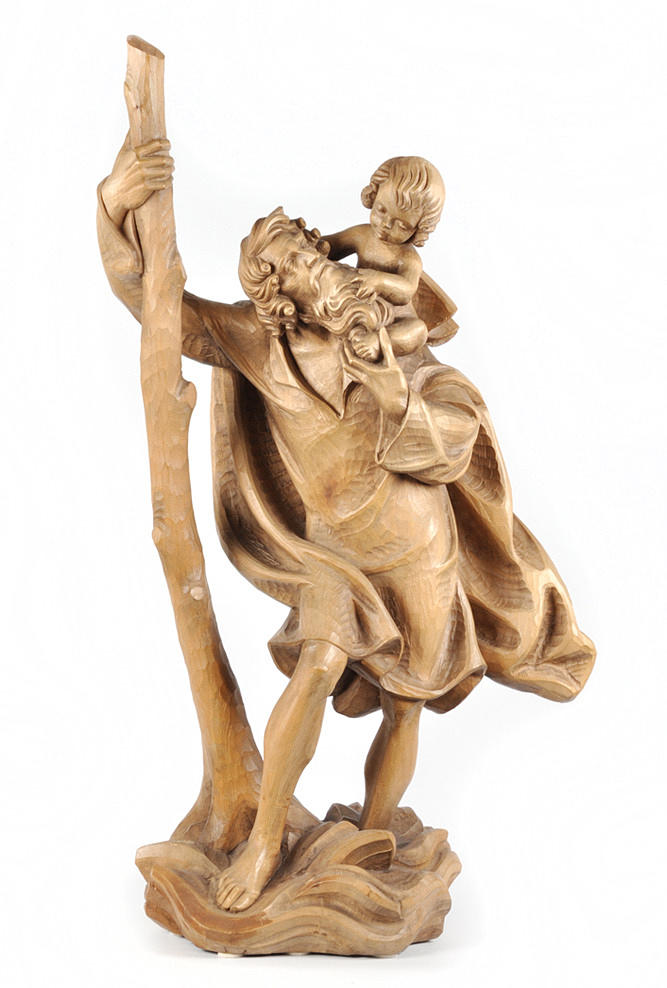 DER HEILIGE CHRISTOPHERUS. ”STOR HANDSKUREN FIGUR”. Basswood 92,5 cm.