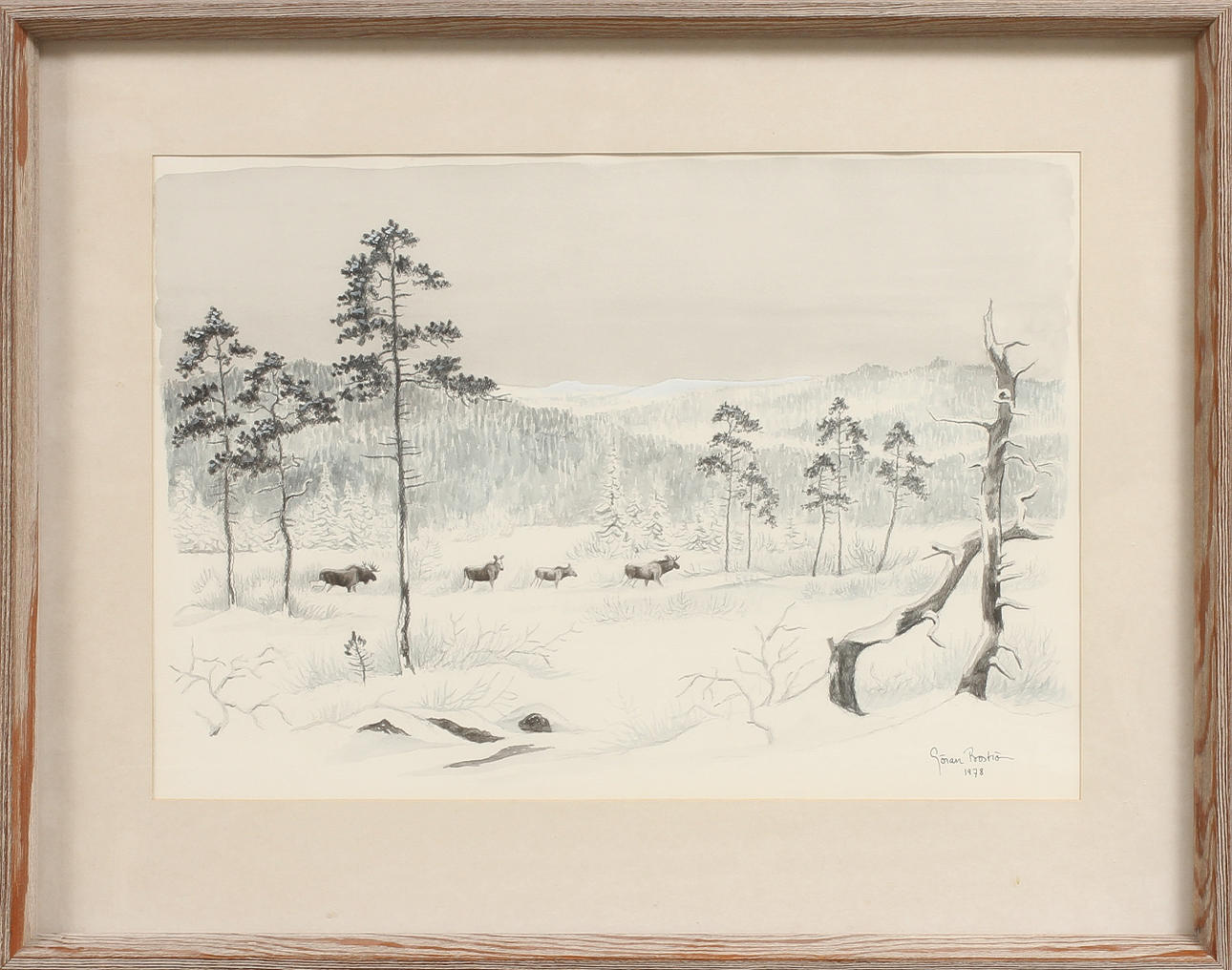 GÖRAN BOSTRÖM. Älgar i snölandskap, akvarell, signerad och daterad 1978.