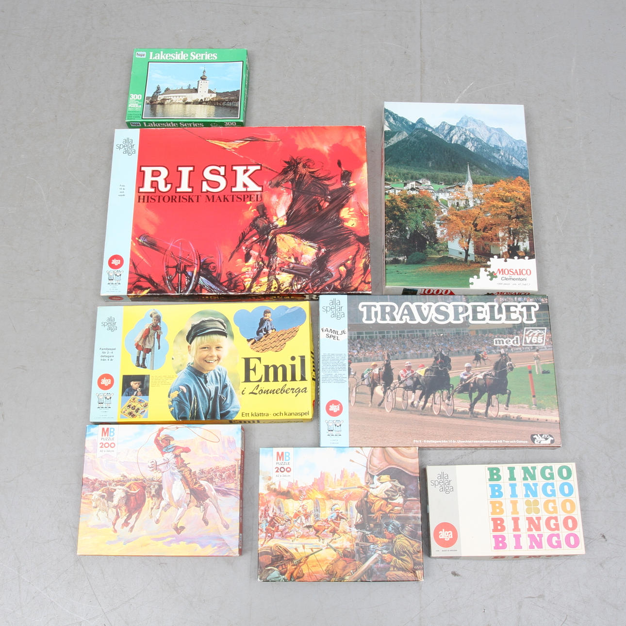 SPEL ALGA RISK, V 65, EMIL och Bingo. Pussel 4 stycken. Originalkartonger.