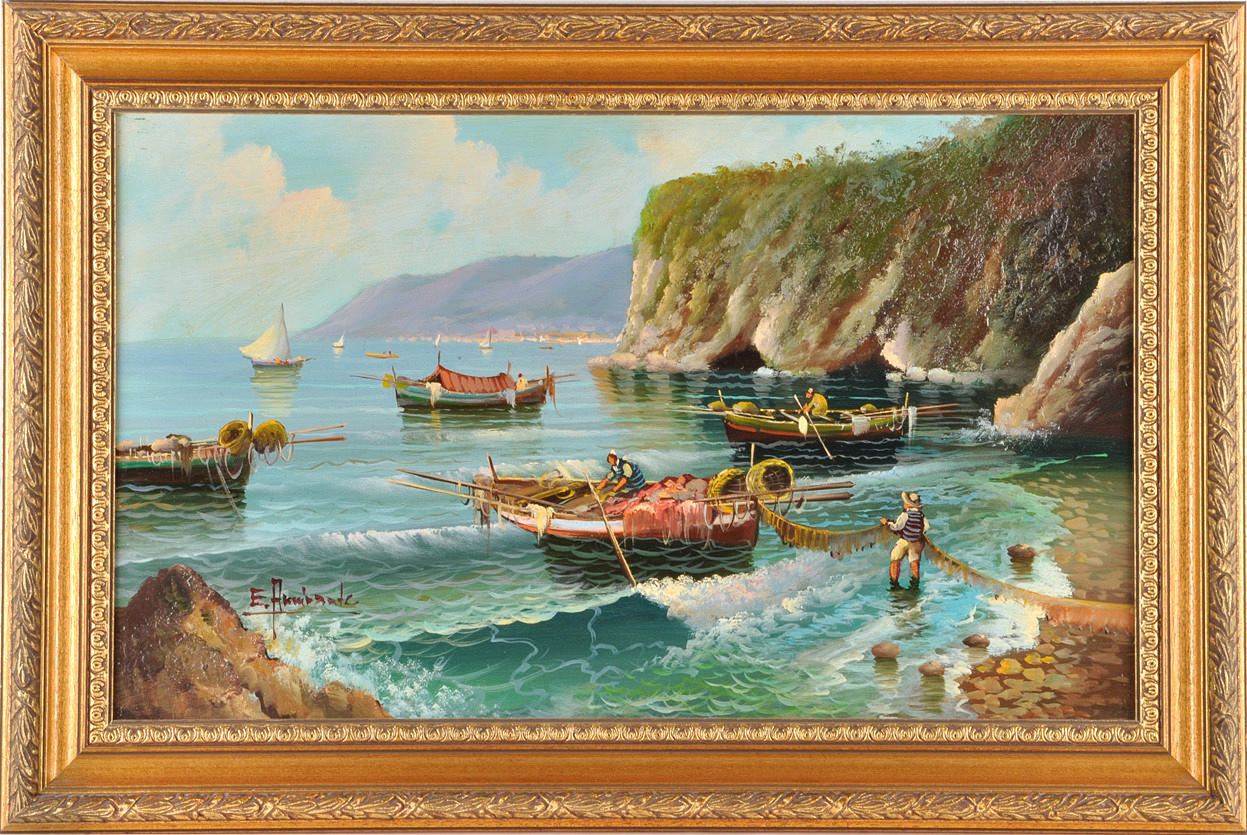 E. ARMIANTE. ”ITALIENSK VIK MED FISKARE OCH DERAS BÅTAR”. Oljemålning omkring 1980.