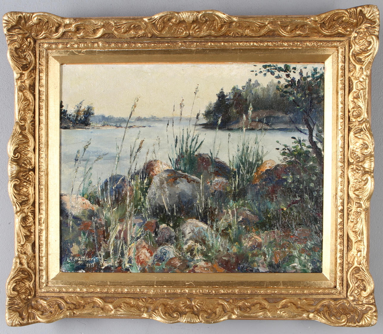 ÅKE NOTHBERG. "Stenig strand", olja på duk, signerad och daterad.