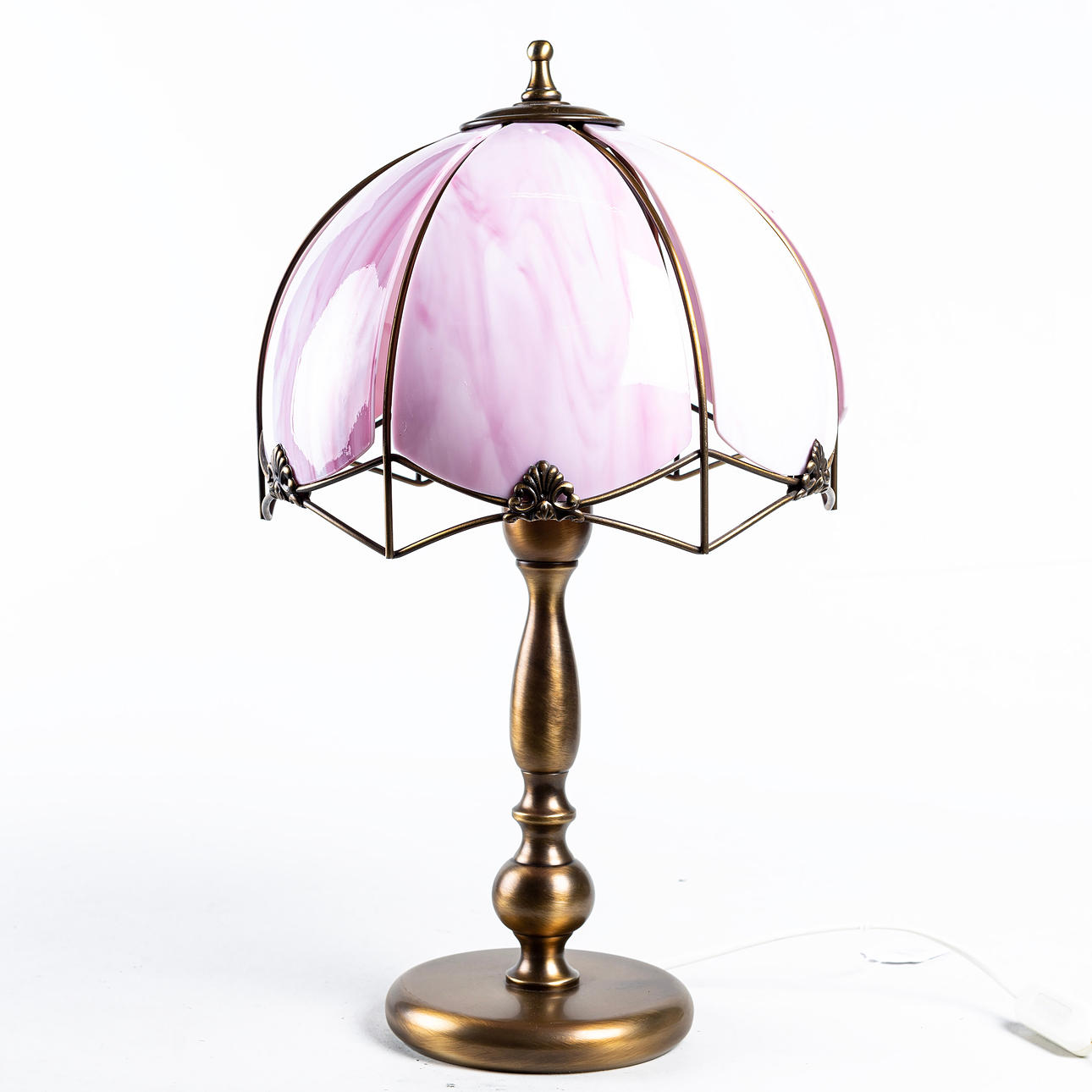 TABLE LAMP, pink glass dome, late 1900s.