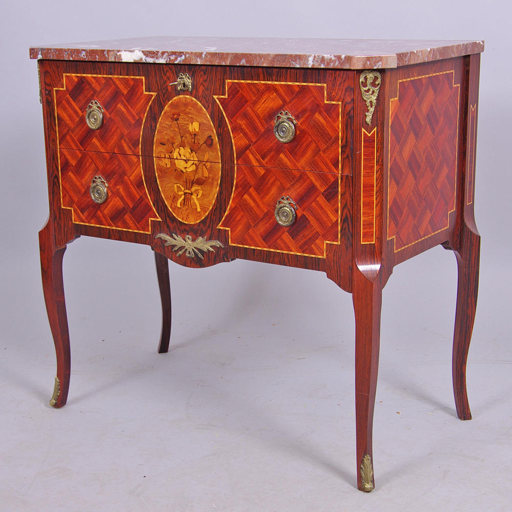 BYRÅ, 2-lådig, stenskiva med intarsia/bronser, gustaviansk stil.