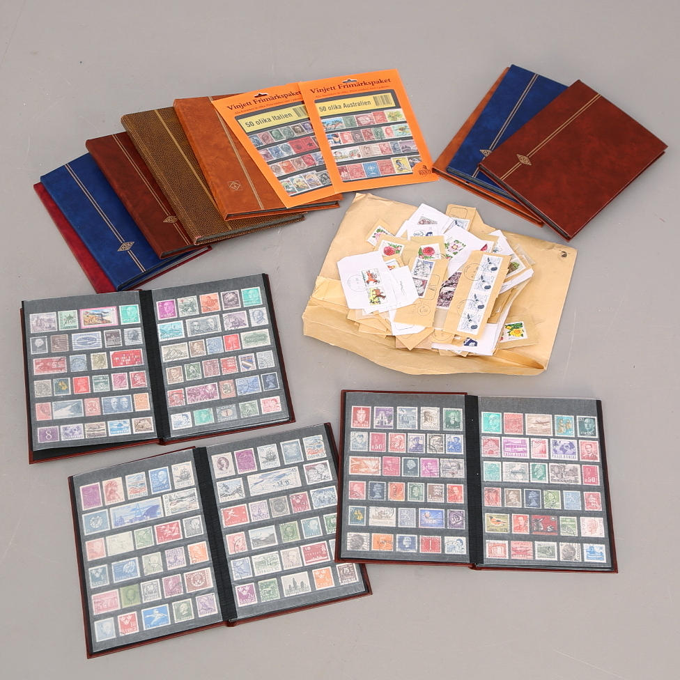 FRIMÄRKSSAMLING 11 album + brevklipp, Sverige och övriga världen.