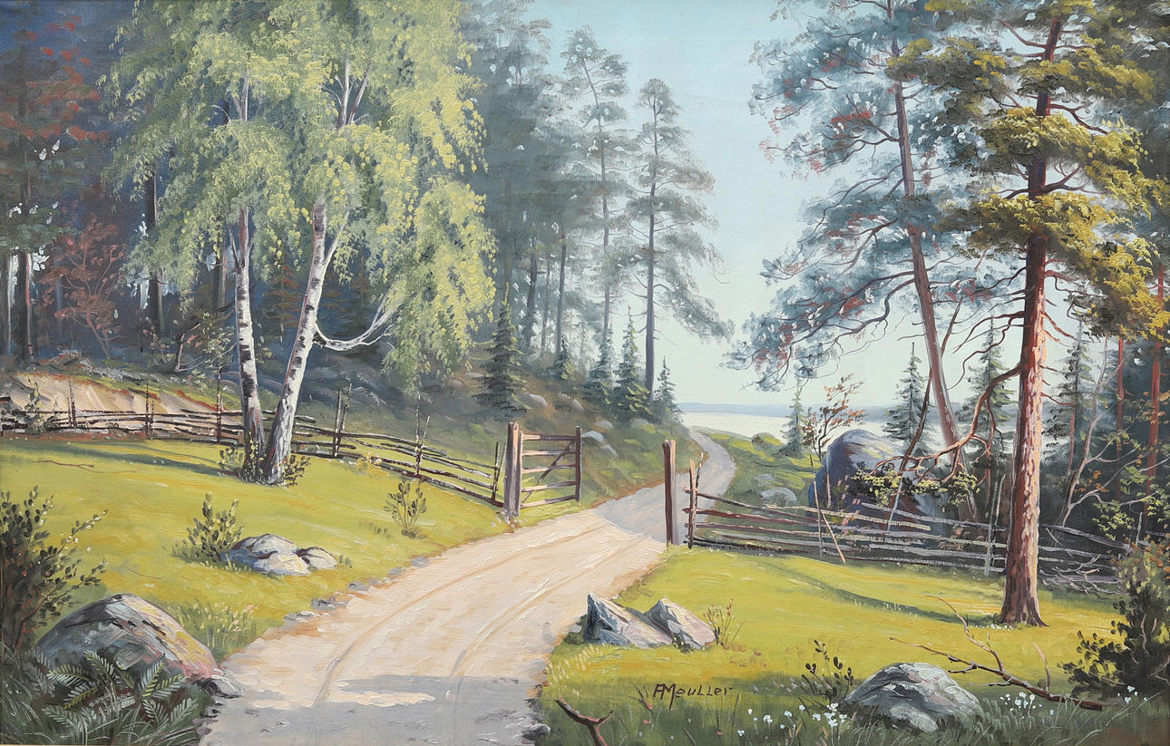 OIDENTIFIERAD KONSTNÄR. Summer landscape with road, oil on canvas, signed A Meuller.