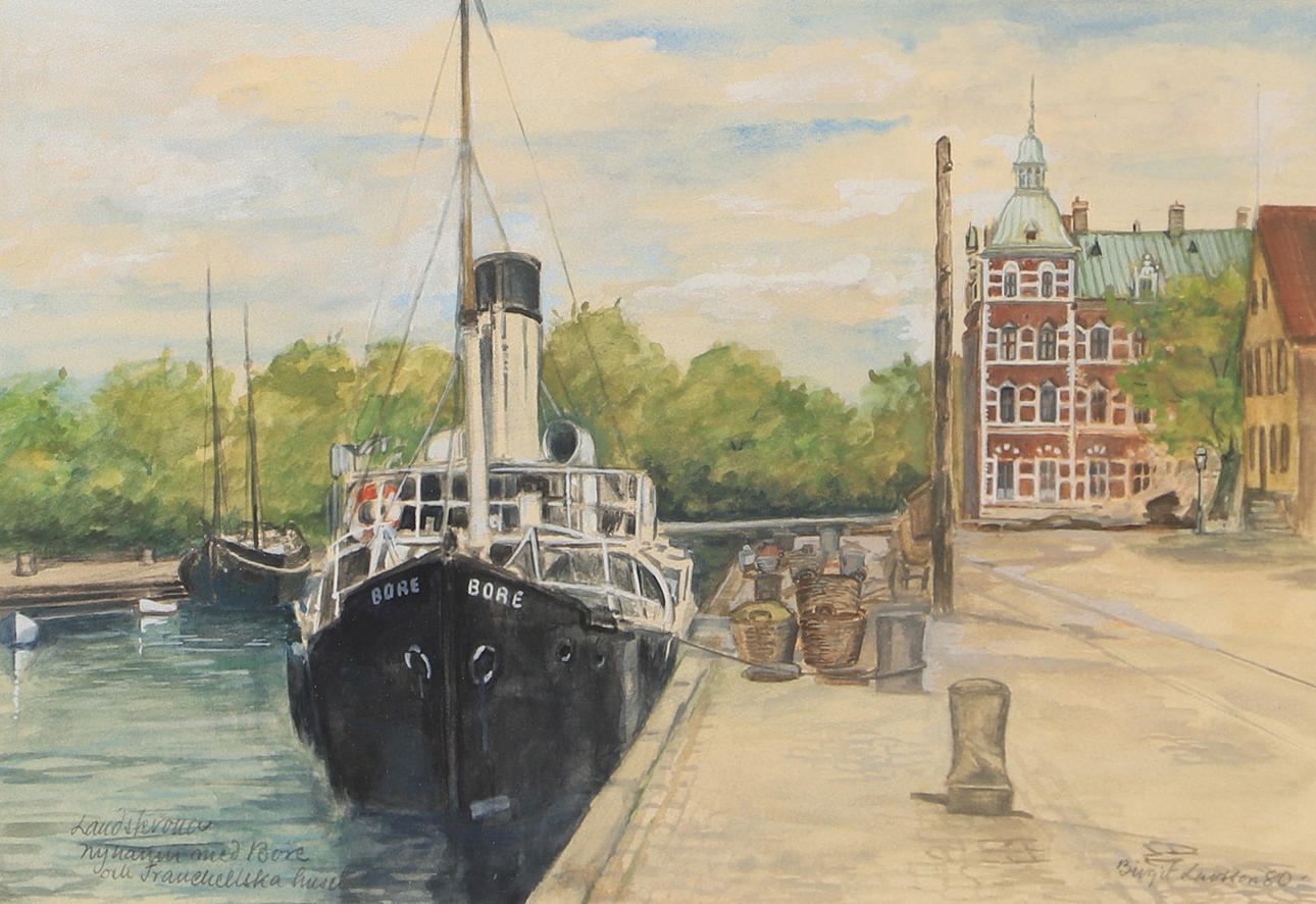 BIRGIT LARSSON. Landskrona hamn, akvarell, signerad.