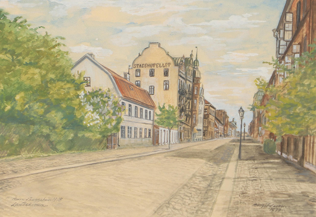 BIRGIT LARSSON. Norra Långgatan Landskrona, watercolour, signed.