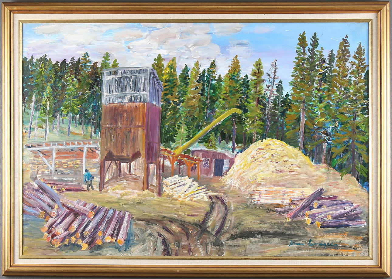 JOHAN LUNDGREN. "Sågverket", olja på duk, abstrakt komposition. Signerad.