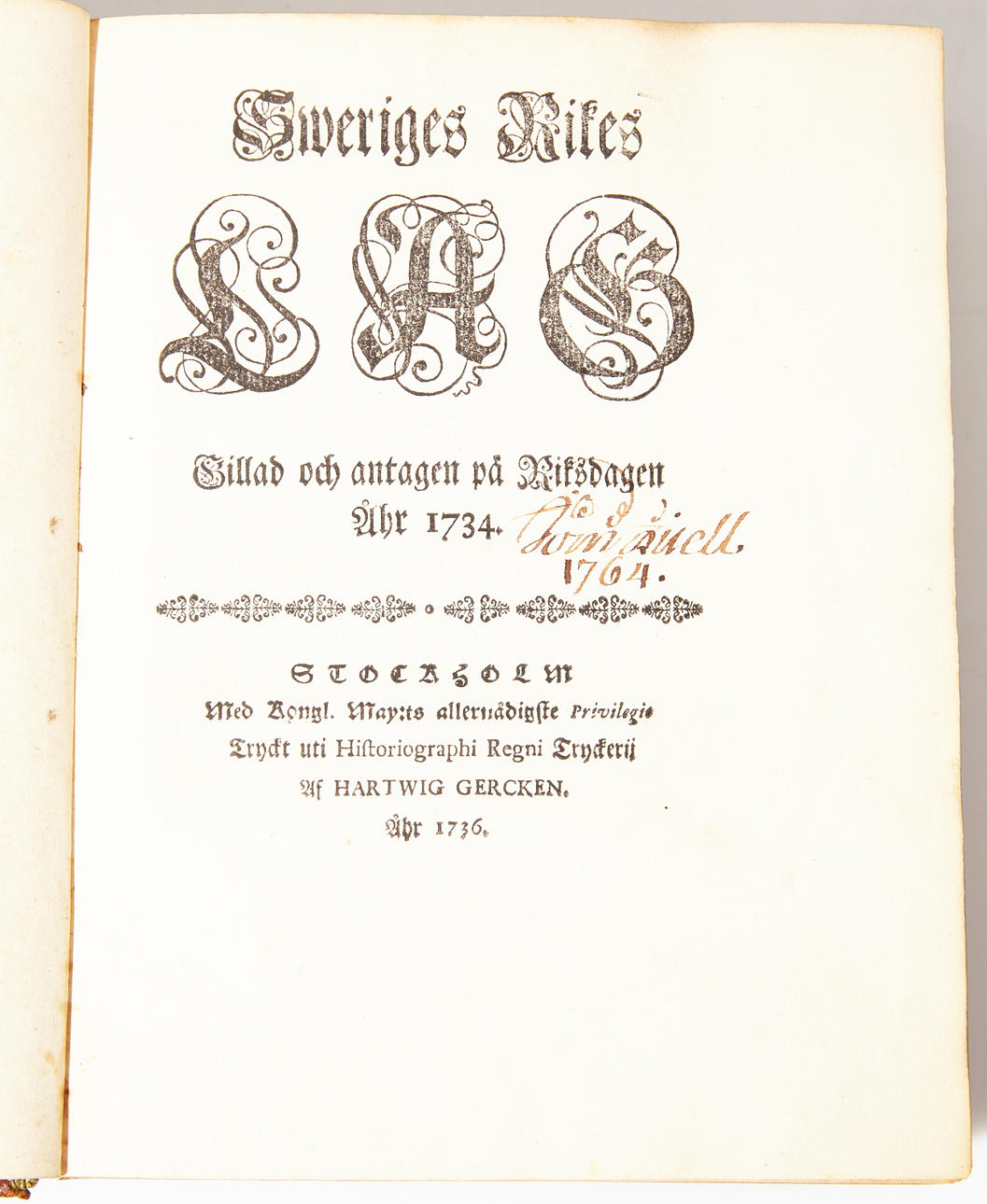 1734 års lag tryckt 1736.