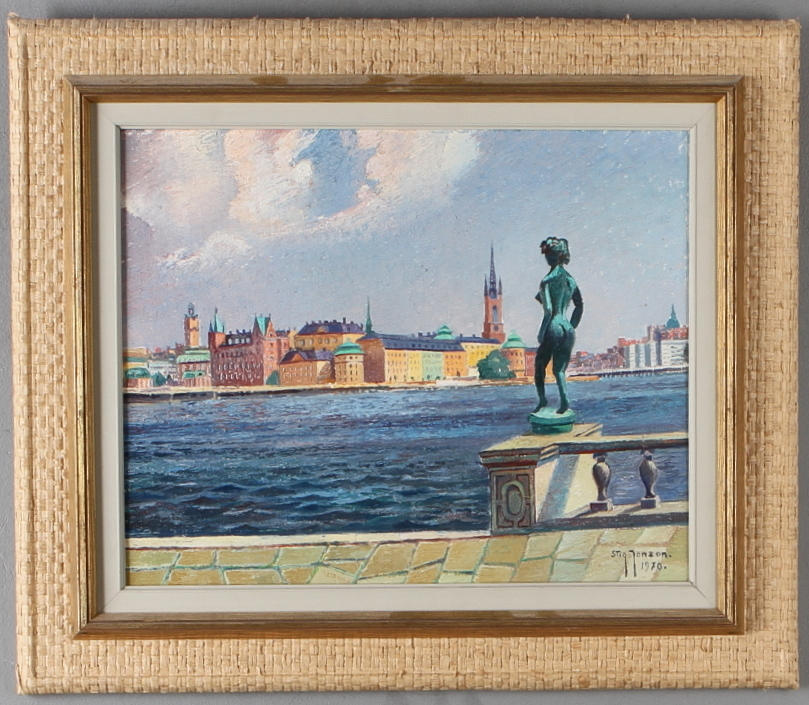 STIG JONZON. Motiv mot Riddarholmen, olja på pannå, signerad och daterad 1970.