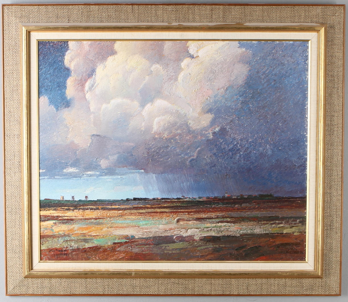 STIG JONZON. "Annalkande regn, Resmo, Öland", olja på pannå, signerad och daterad 1970.