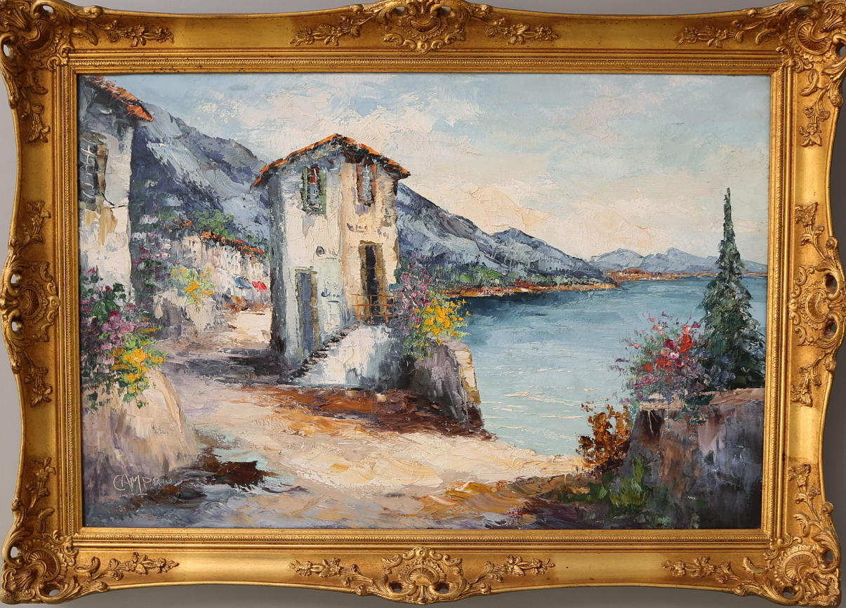 CAMPRIN. Olja på duk, strandvy, signerad.