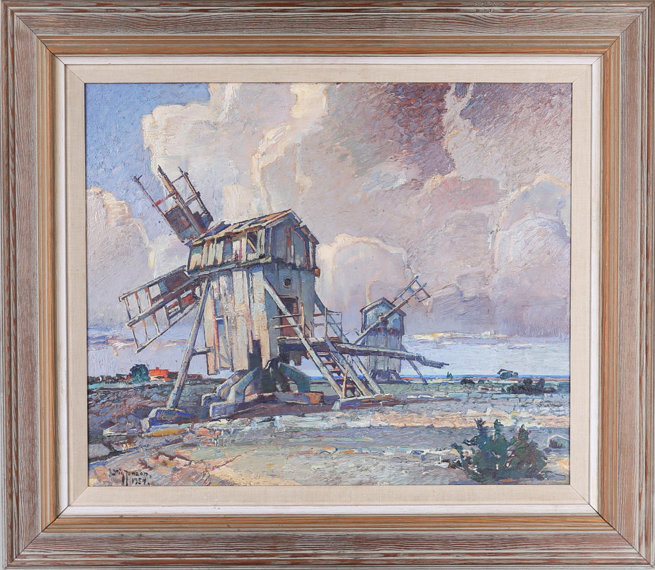 STIG JONZON. "Kvarnar Gärdslösa", olja på pannå, signerad och daterad 1954.