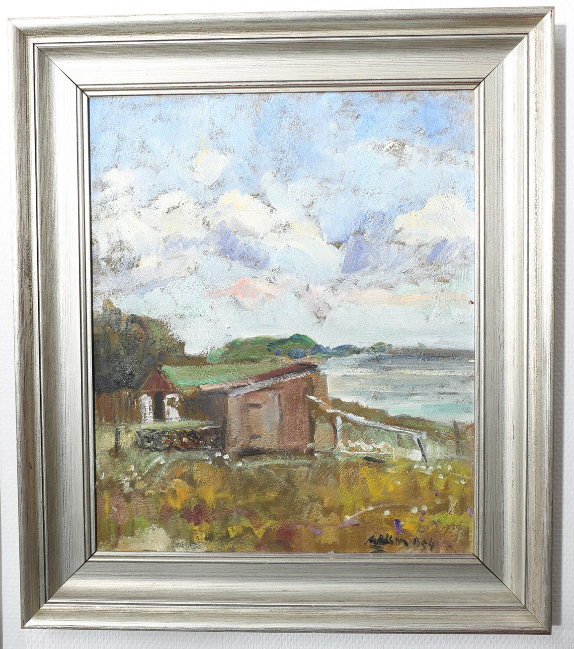 ANDERS OLSON. Olja på pannå, Skjul vid strandkant, signerad A Olson 1954.