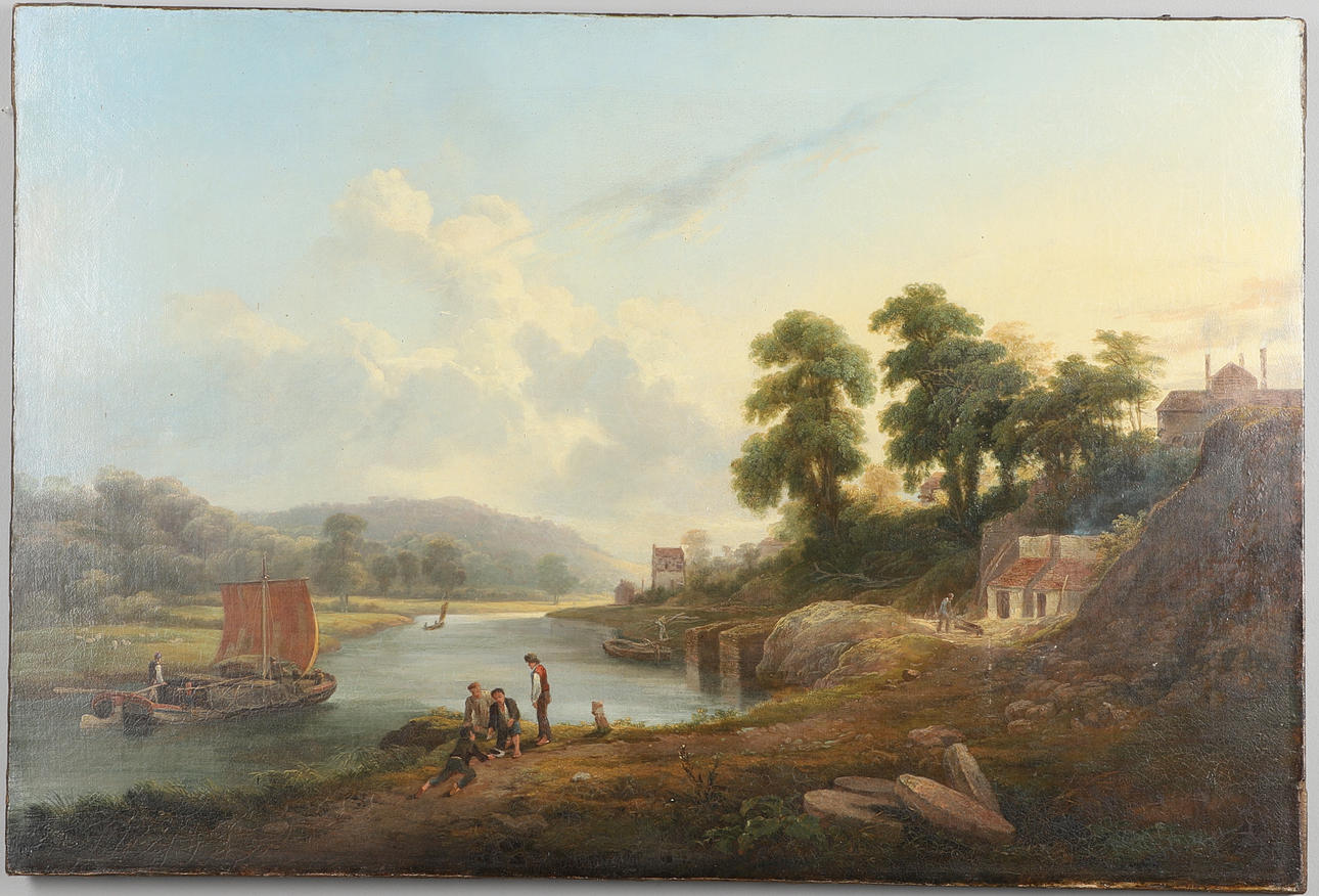 WILLIAM WILLIAMS OF PLYMOUTH (1808-1895). FIGURES BY A RIVER, PROBABLY A SCENE IN DEVON.