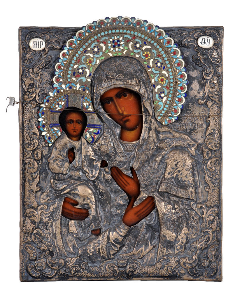 GRIECHISCH-ORTHODOX. Marian ikon, ikon med oklad/metall jacka, emaljerad.