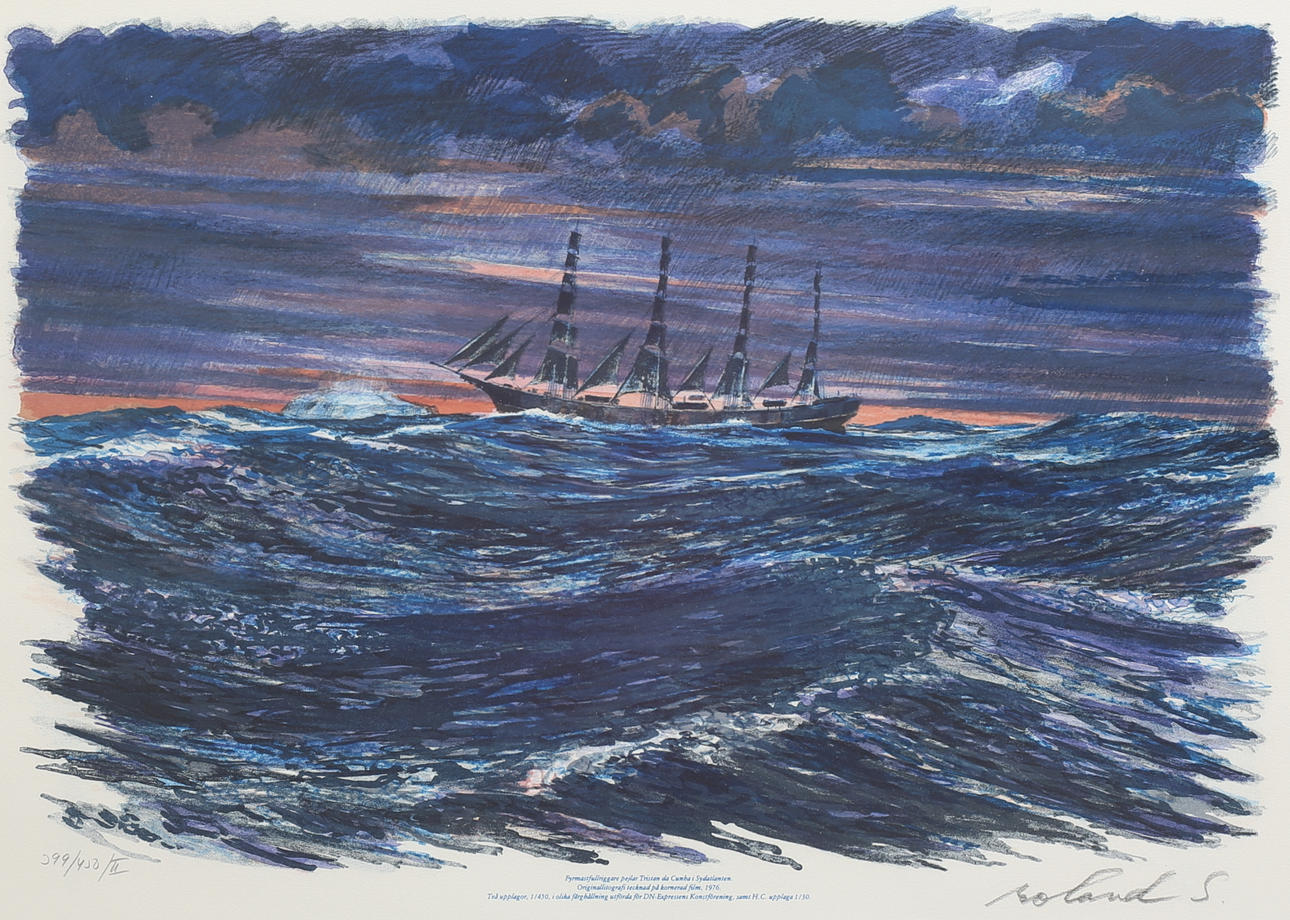ROLAND SVENSSON. "Fyrmastriggare pejlar Tristan da Cunha i Sydatlanten", färglitografi, signerad Roland S, numrerad 399/450.