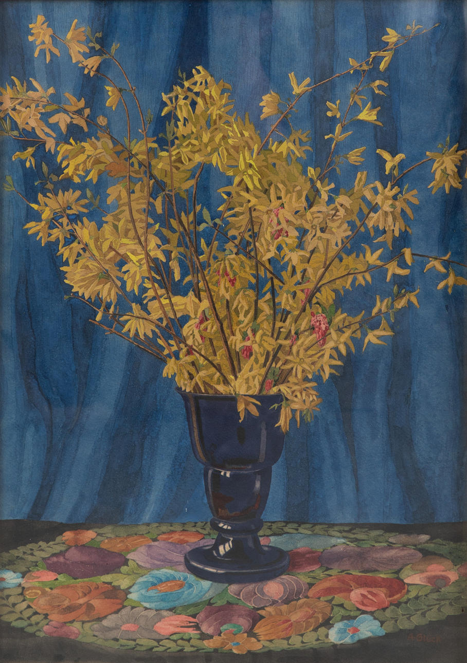 ANTON GLÜCK (1869-1952). Blühende Forsythienzweige.