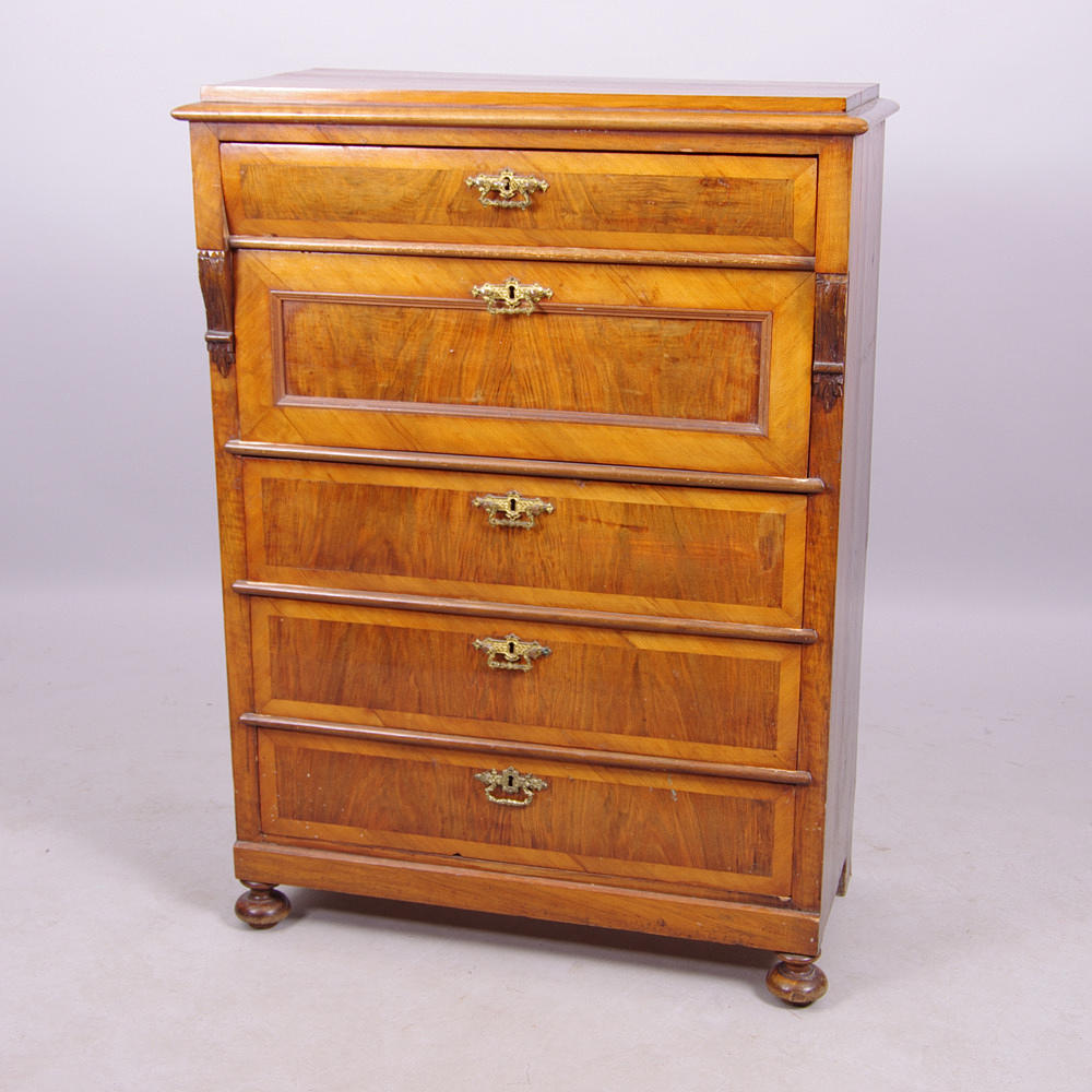 BYRÅ, 5-lådig, mahogny/fur, nyrenässans.