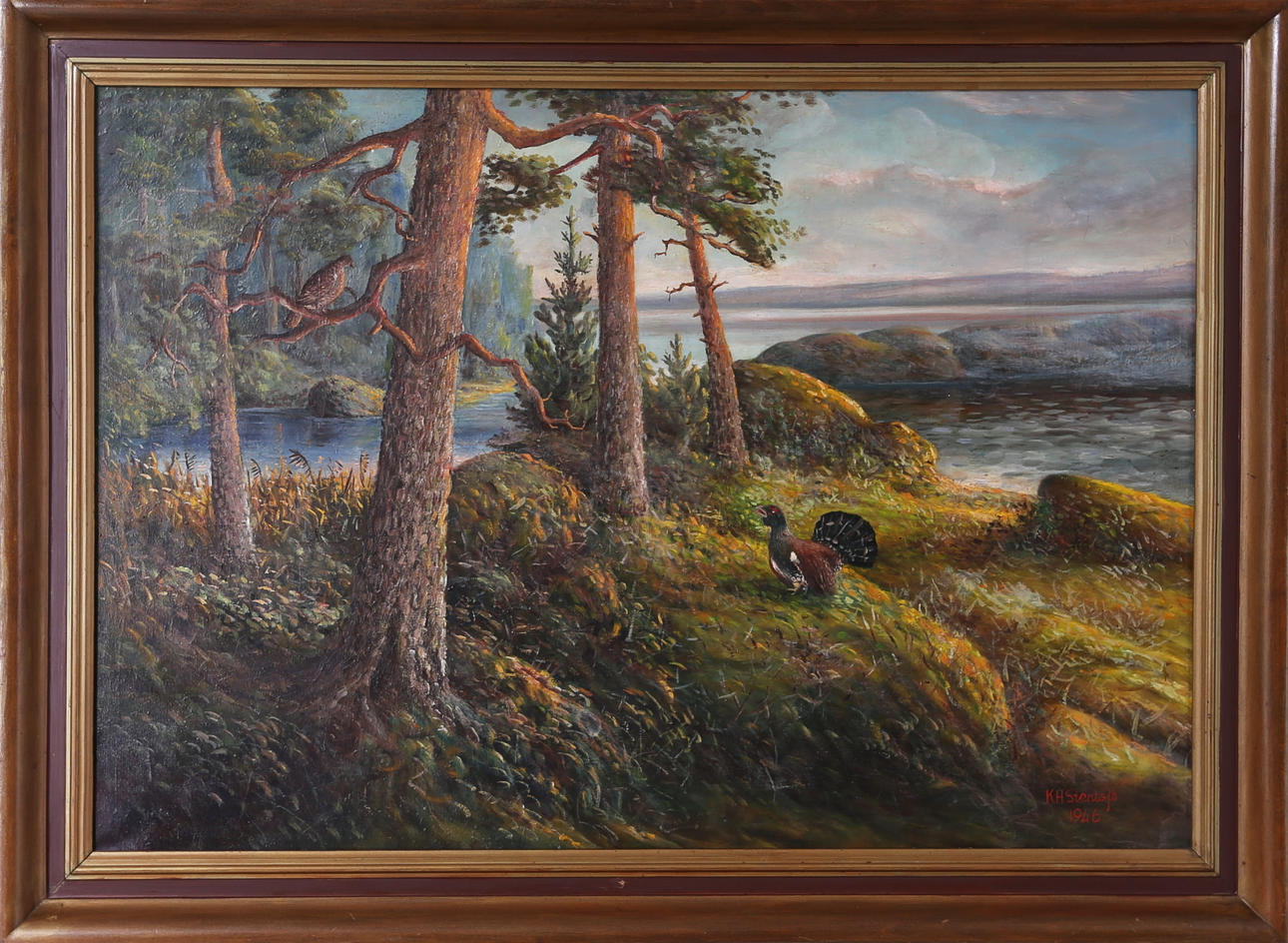 OIDENTIFIERAD KONSTNÄR. Orrspel, olja på duk, signerad K H Stentoft -46.