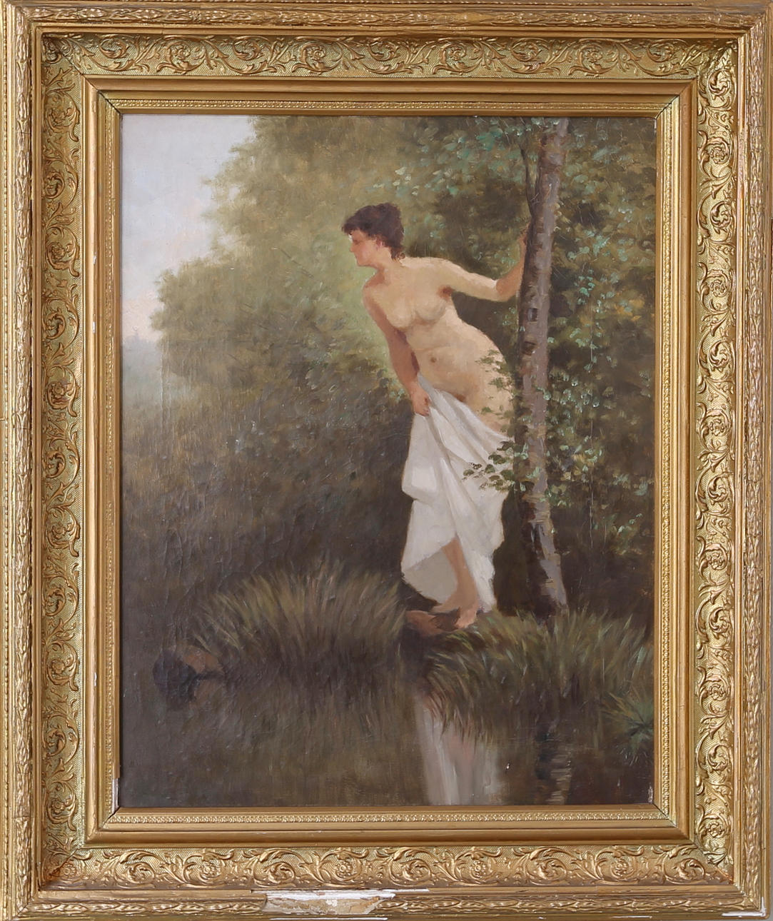 OIDENTIFIERAD KONSTNÄR. Kvinna vid skogsbrynet, olja på duk, 18/1900-tal.