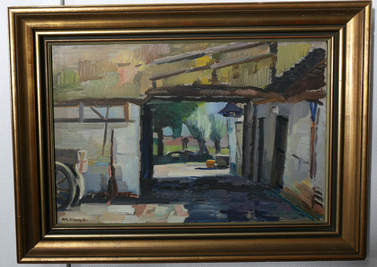 GERHARD WIHLBORG. Olja på pannå, "Gårdsport", signerad -37.