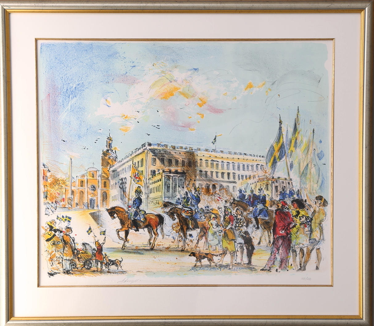 BO ÅKE ADAMSSON. Färglitografi, vaktparad vid slottet, signerad, numrerad 168/160.