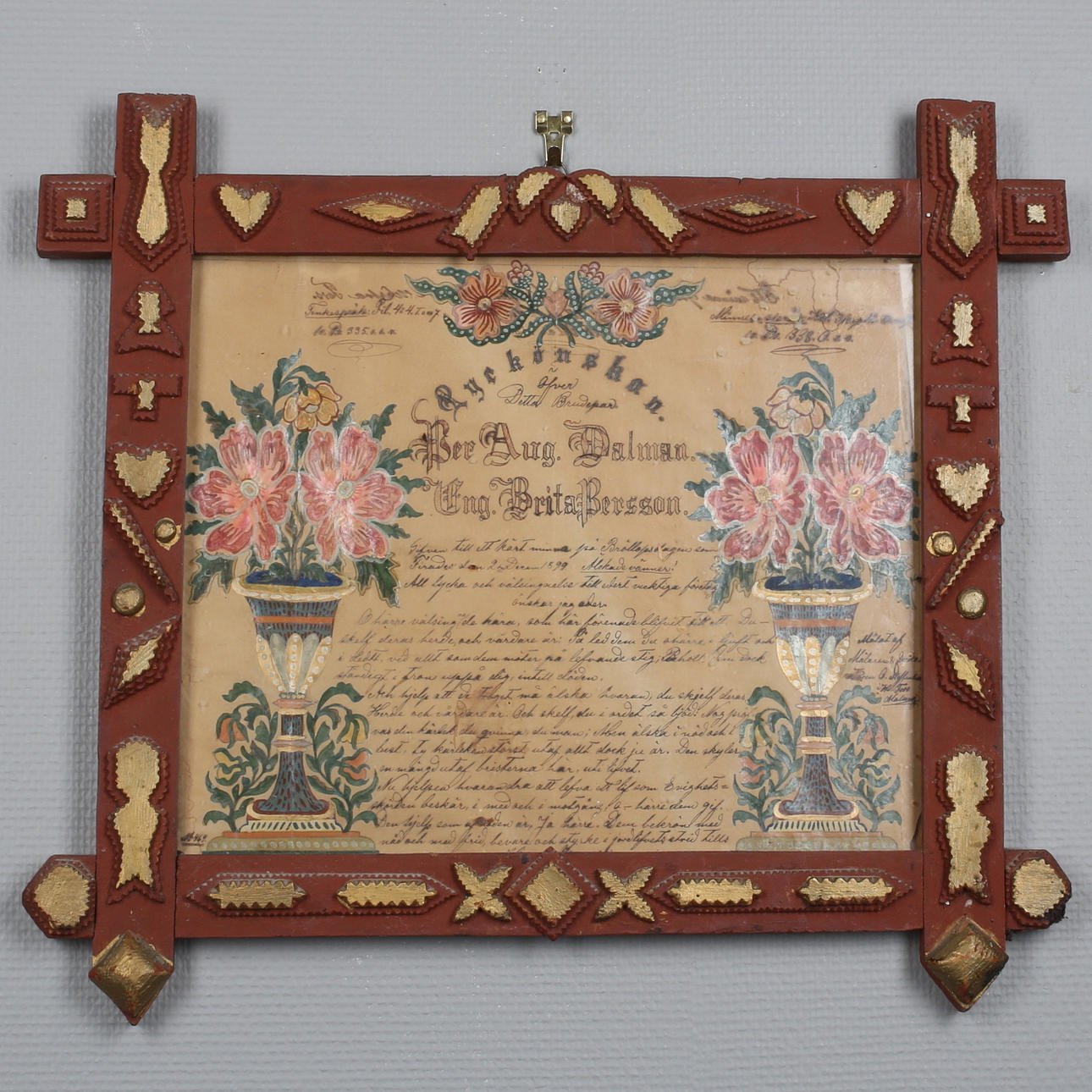 LYCKÖNSKAN, bröllop, allmoge, blandteknik, daterad 1899.