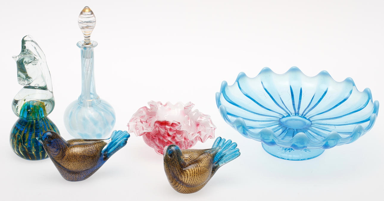 GLASFÖREMÅL, 6 delar, bl.a. fåglar sannolikt Murano, 1900-tal.